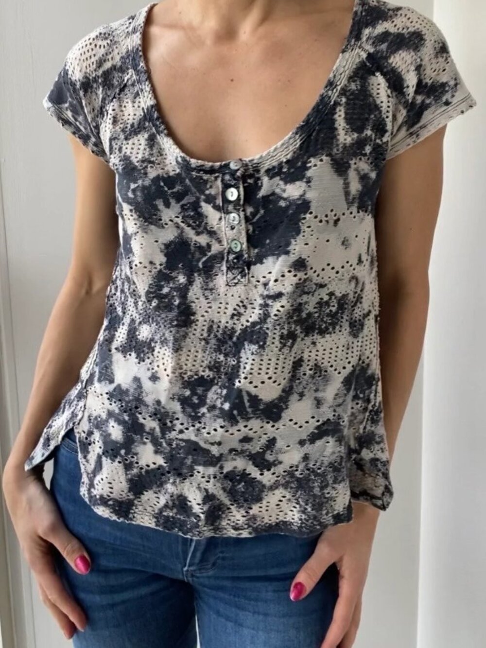 Free People- Abstract Print Tee With Perforated Detailing/Netted Top- Size XS